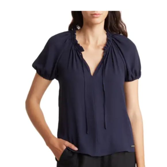 NWT Elie Tahari Navy Ruffle Neck Blouse, Women's Tops, Size XS - Picture 1 of 8